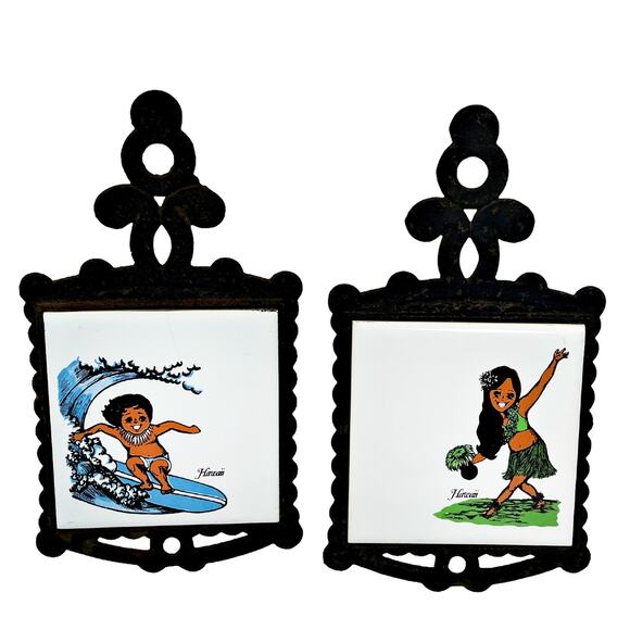 Vintage MCM 70s Hawaii Cast Iron Tile Trivets Wall Hanger Surfer Hula Polynesian - Picture 1 of 4